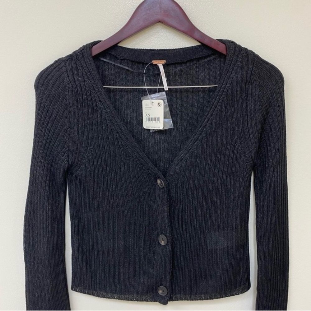 Free People Black Ribbed Button-Front Cardigan - Picture 2 of 7